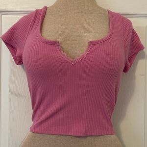 Women's Pink Ribbed Scoop V-Notch Crop Top